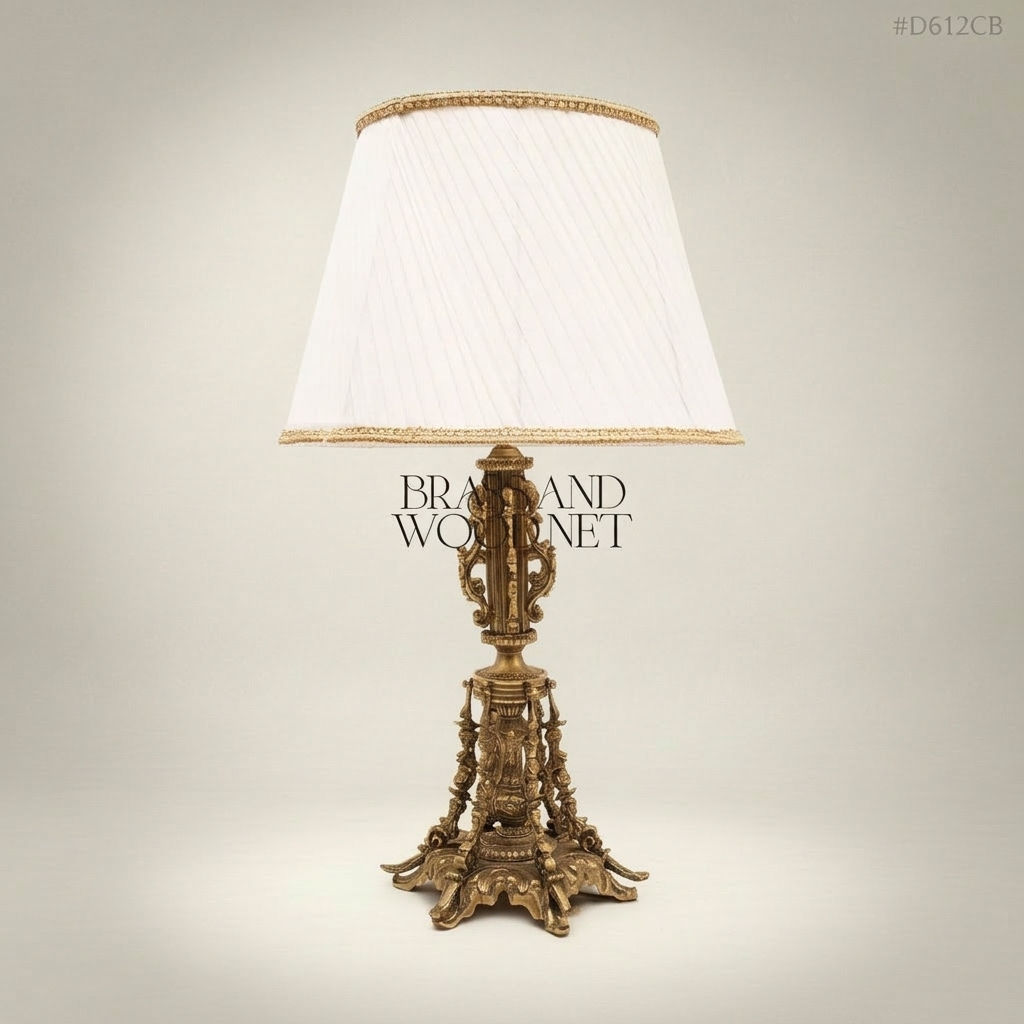 Baroque Brass Table Lamp - Ornate Scrollwork Column with Pleated Shade — Antique Gold