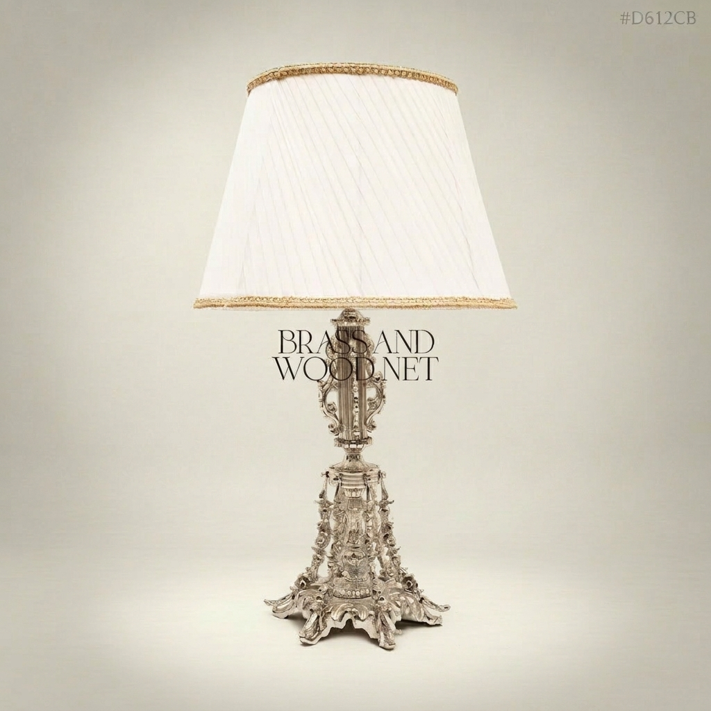 Baroque Brass Table Lamp - Ornate Scrollwork Column with Pleated Shade — Silver