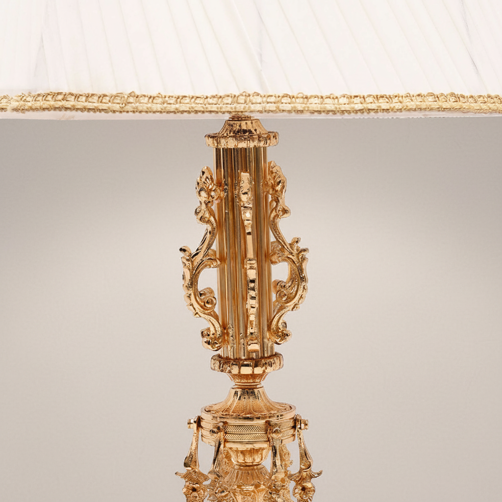Baroque Brass Table Lamp - Ornate Scrollwork Column with Pleated Shade — Gold