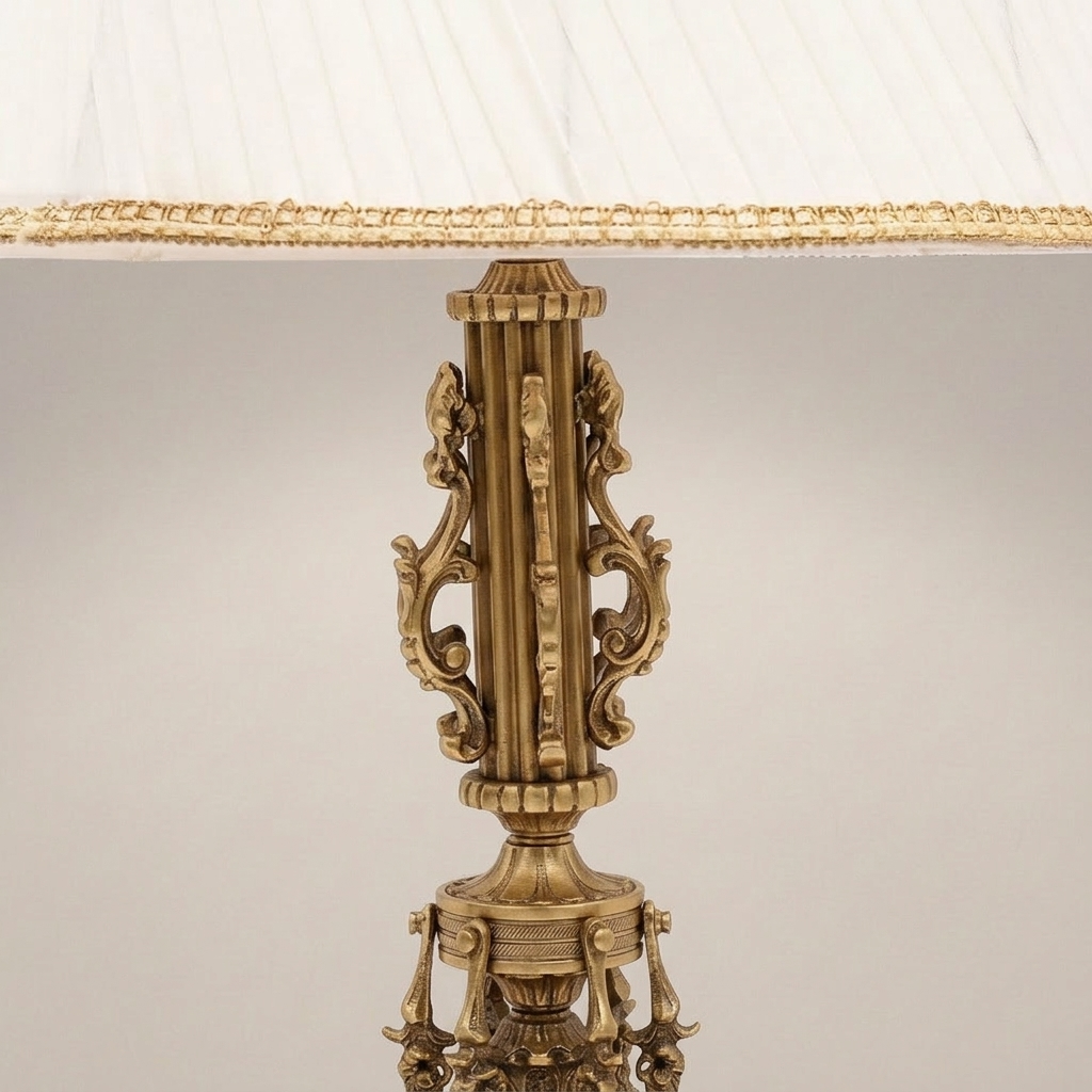 Baroque Brass Table Lamp - Ornate Scrollwork Column with Pleated Shade — Antique Gold