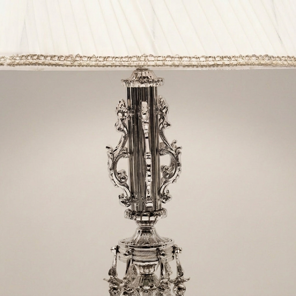 Baroque Brass Table Lamp - Ornate Scrollwork Column with Pleated Shade — Silver