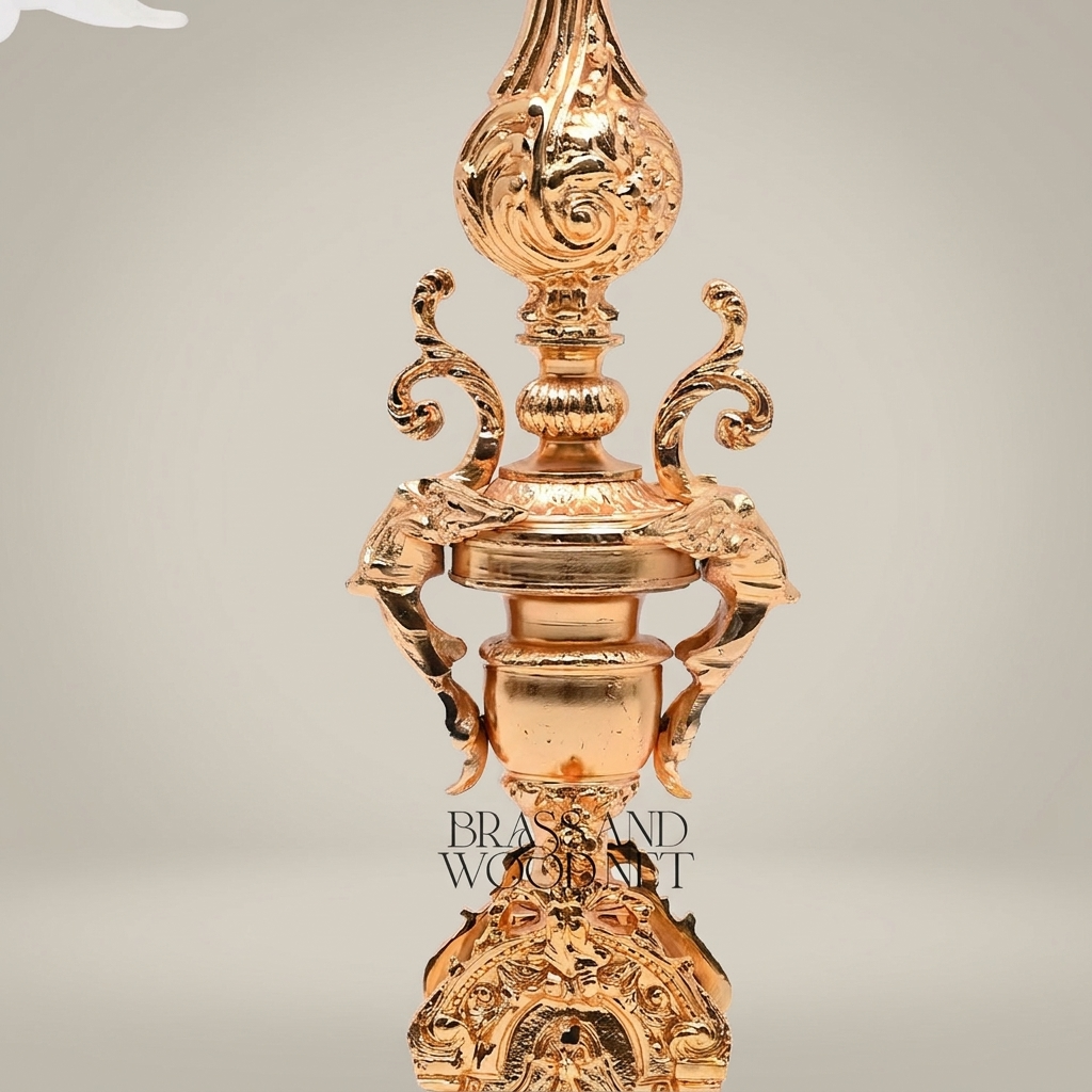 Baroque Brass Table Lamp - Ornate Scrollwork Pillar with Floral Glass Shade — Gold