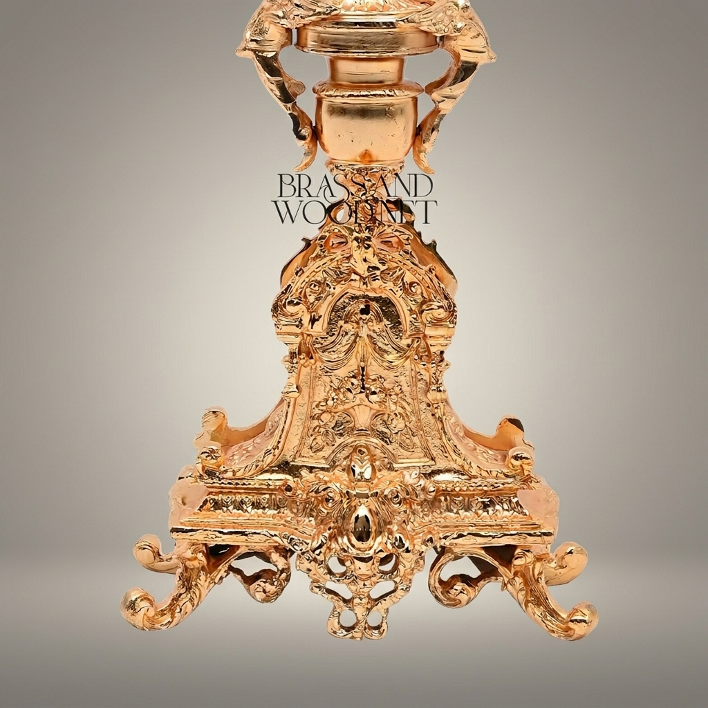Baroque Brass Table Lamp - Ornate Scrollwork Pillar with Floral Glass Shade — Gold