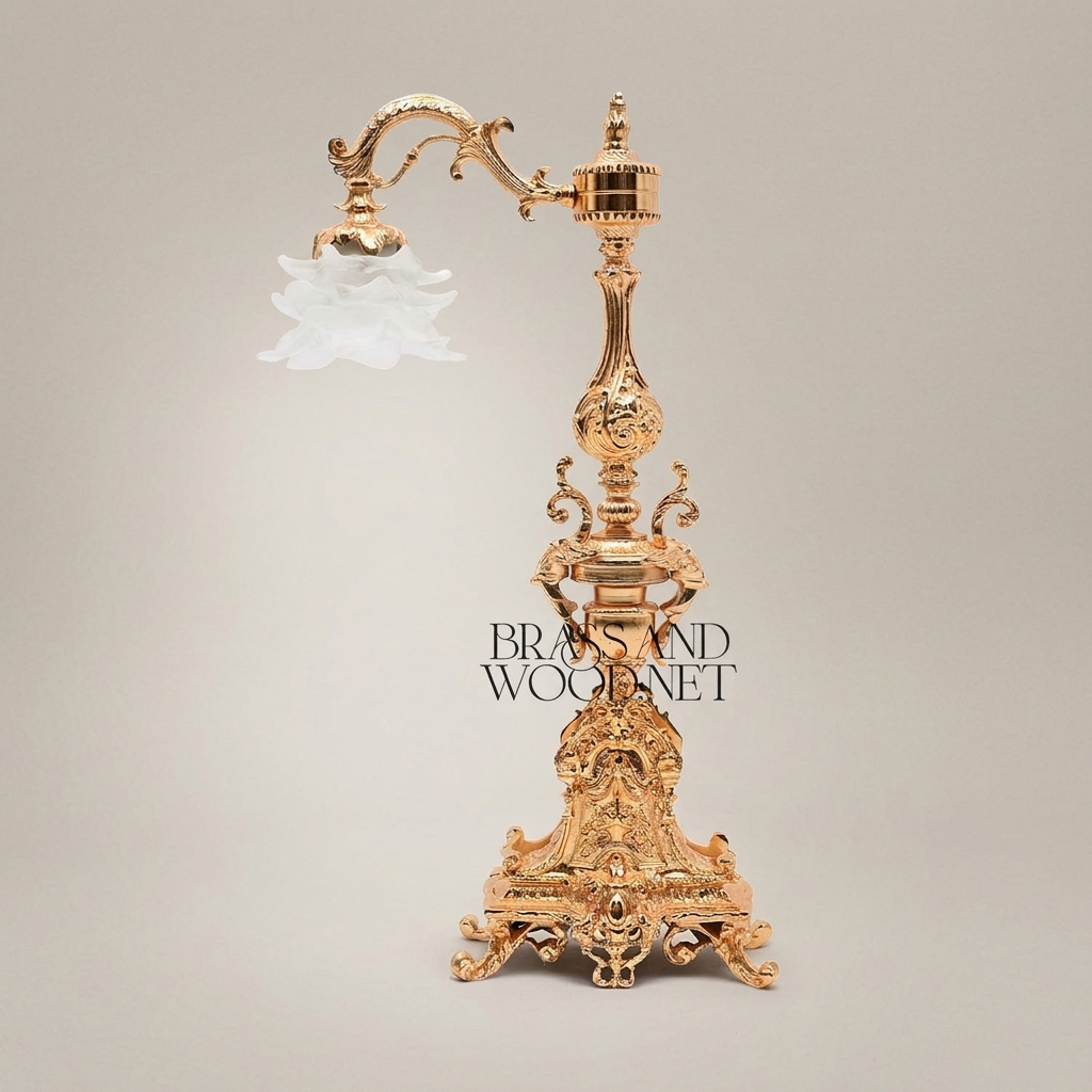 Baroque Brass Table Lamp - Ornate Scrollwork Pillar with Floral Glass Shade — Gold
