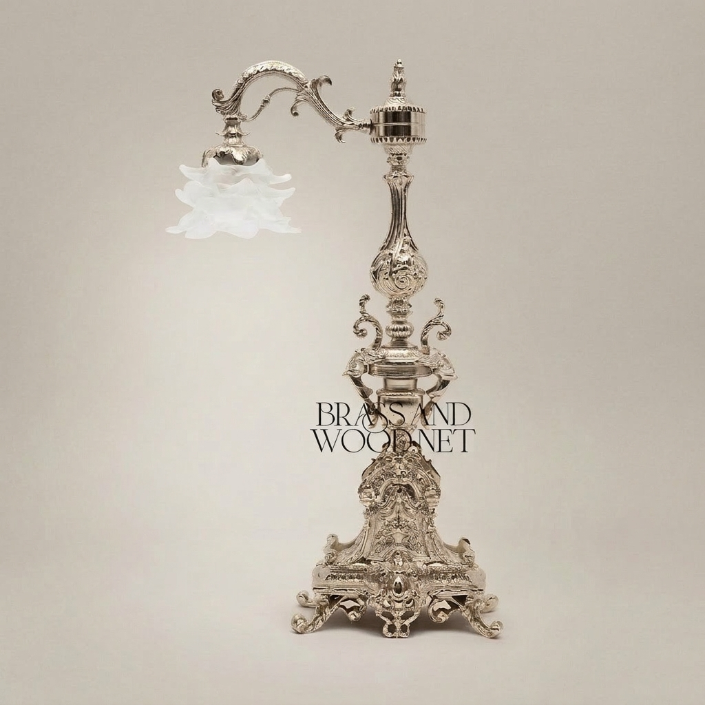 Baroque Brass Table Lamp - Ornate Scrollwork Pillar with Floral Glass Shade — Silver