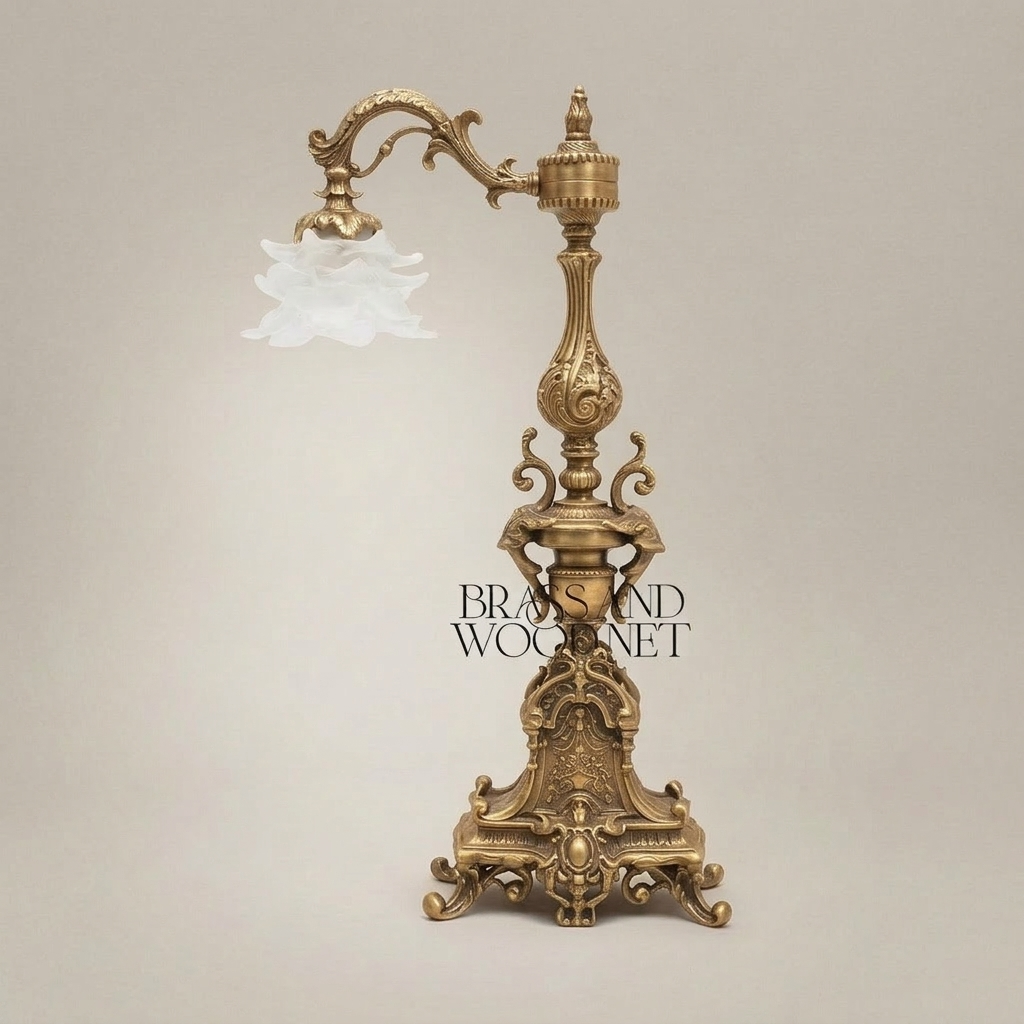 Baroque Brass Table Lamp - Ornate Scrollwork Pillar with Floral Glass Shade — Antique Gold
