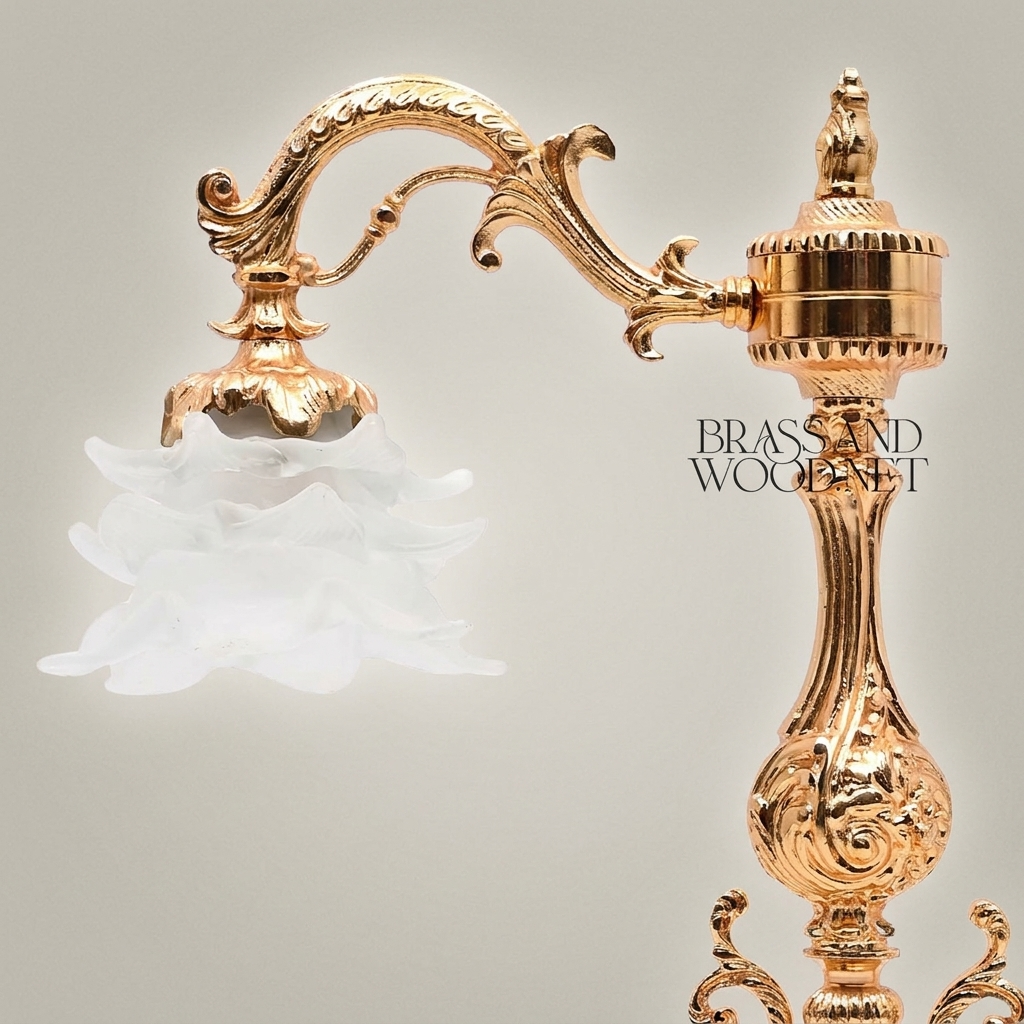 Baroque Brass Table Lamp - Ornate Scrollwork Pillar with Floral Glass Shade