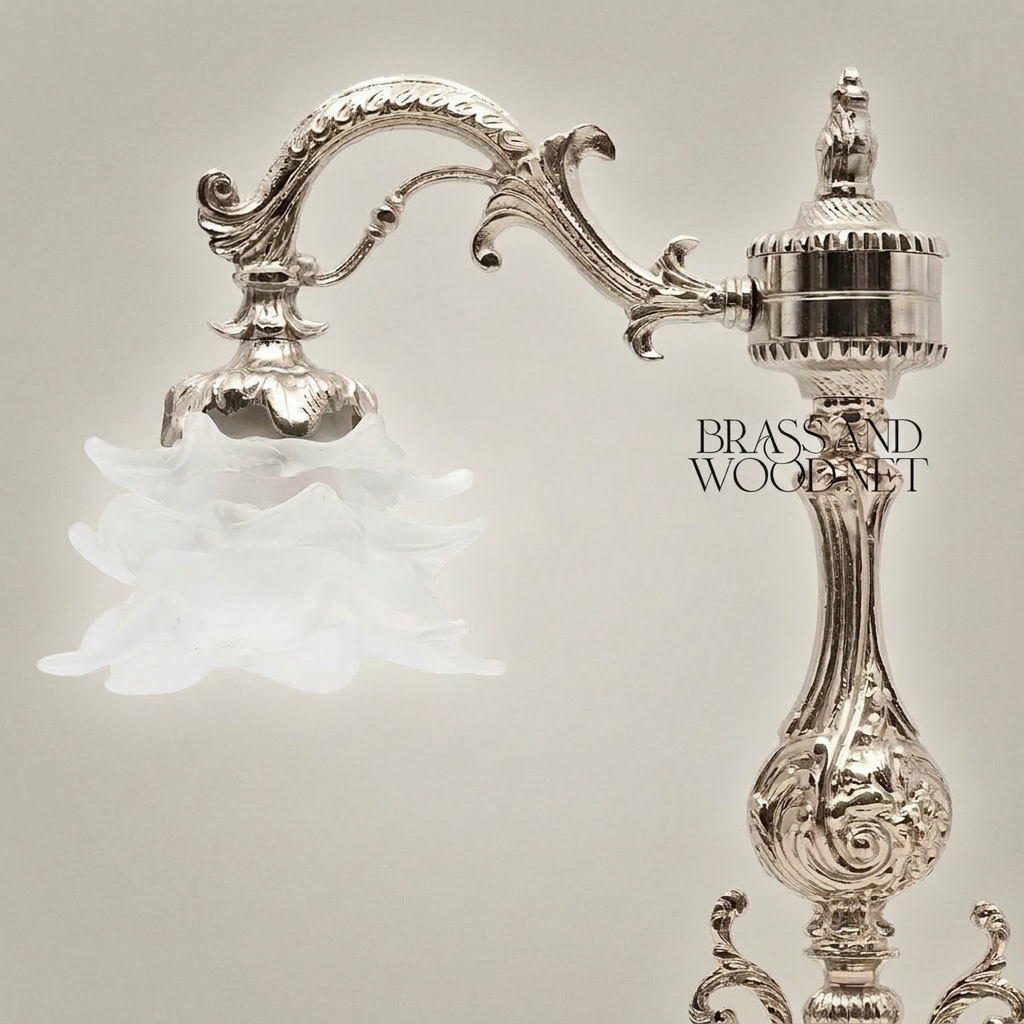 Baroque Brass Table Lamp - Ornate Scrollwork Pillar with Floral Glass Shade — Silver