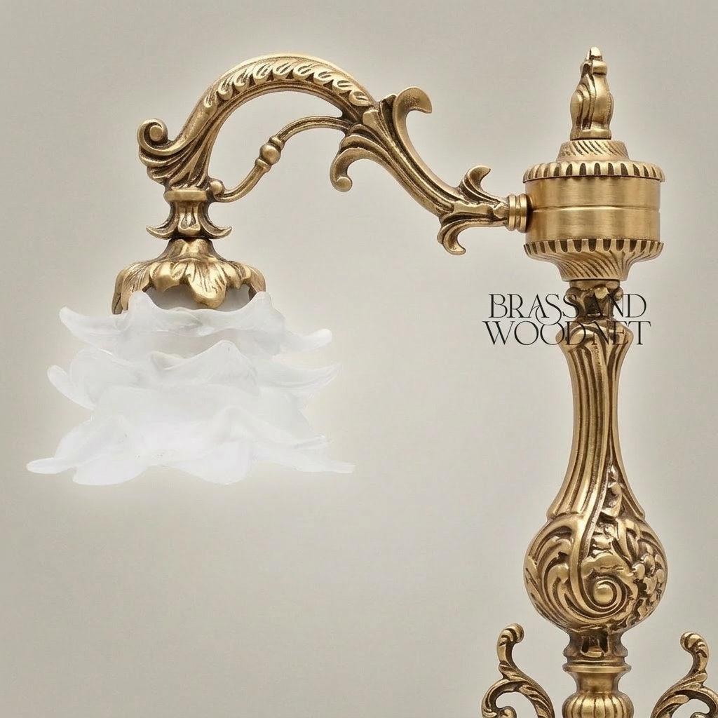 Baroque Brass Table Lamp - Ornate Scrollwork Pillar with Floral Glass Shade — Antique Gold