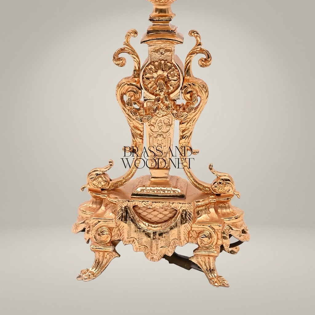 Baroque Brass Table Lamp - Ornate Scrollwork Tripod Base with Empire Shade — Gold