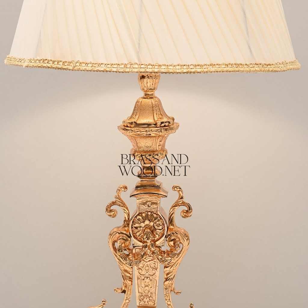 Baroque Brass Table Lamp - Ornate Scrollwork Tripod Base with Empire Shade — Gold