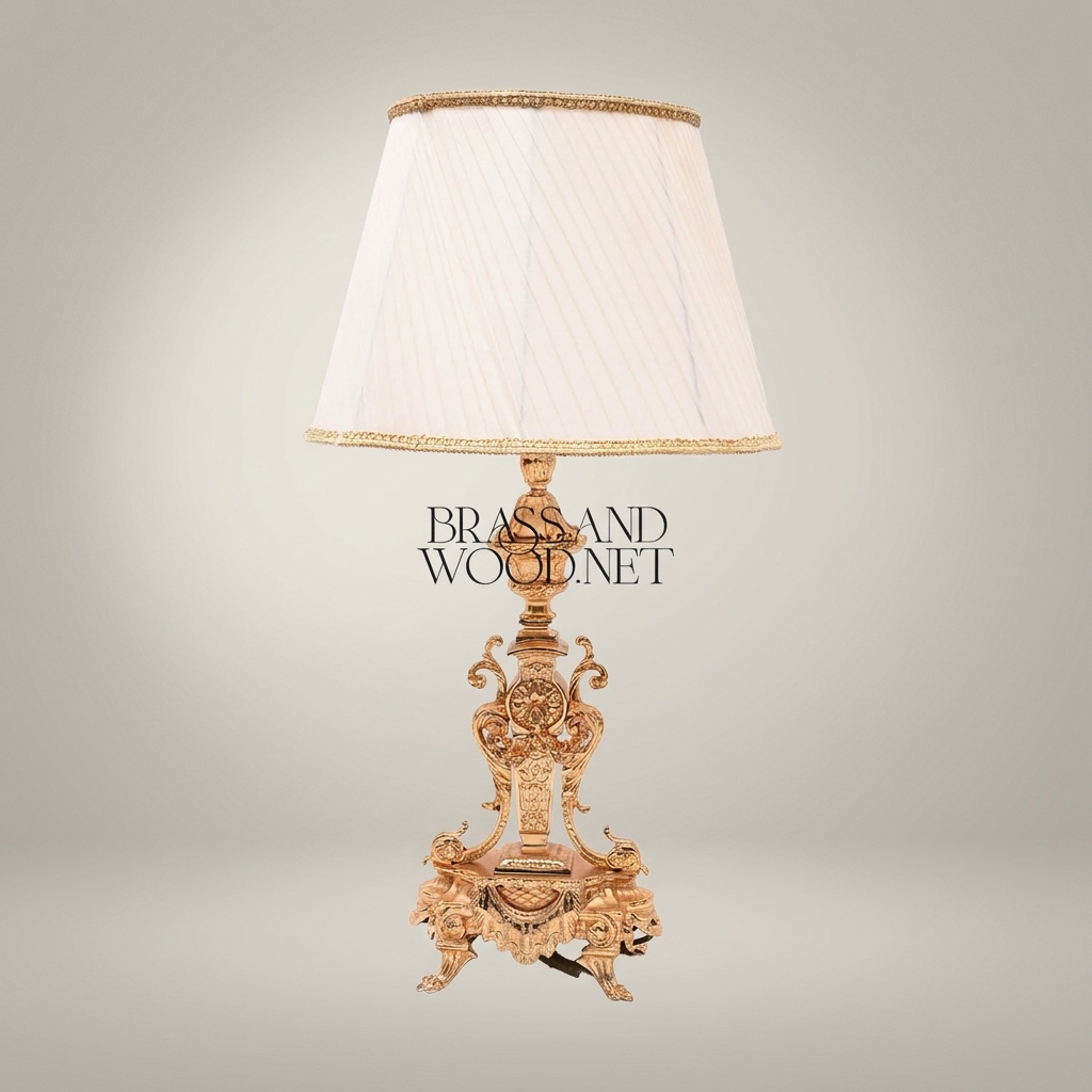 Baroque Brass Table Lamp - Ornate Scrollwork Tripod Base with Empire Shade — Gold