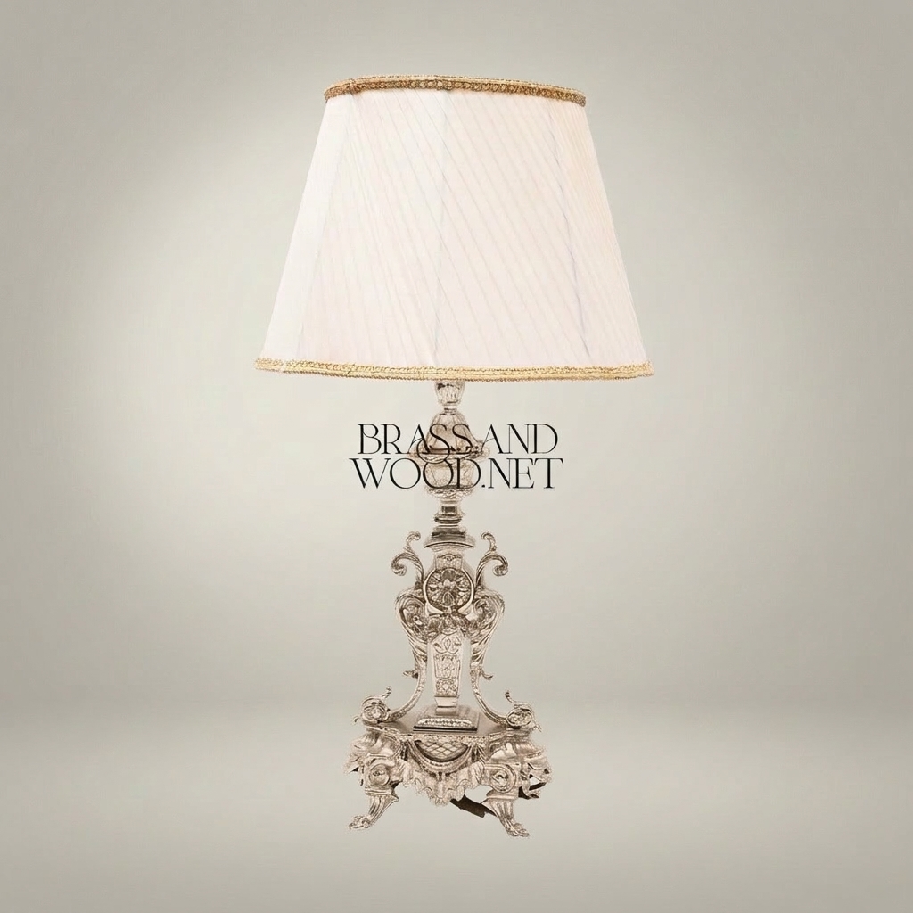 Baroque Brass Table Lamp - Ornate Scrollwork Tripod Base with Empire Shade — Silver