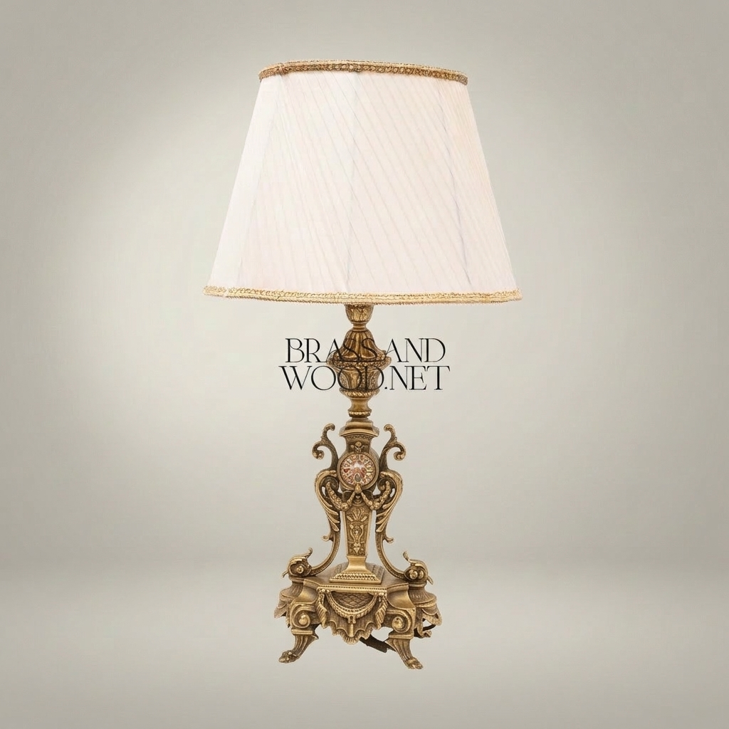 Baroque Brass Table Lamp - Ornate Scrollwork Tripod Base with Empire Shade — Antique Gold