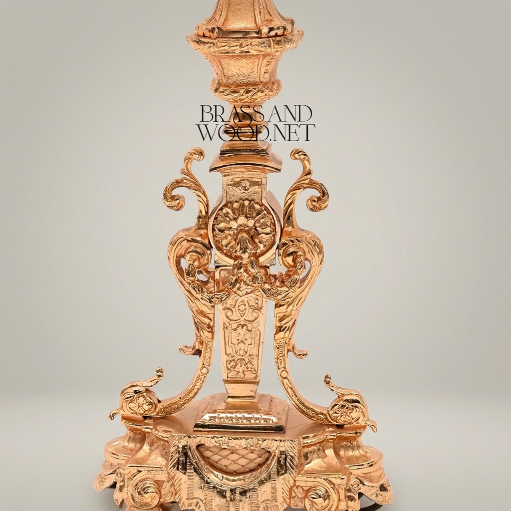Baroque Brass Table Lamp - Ornate Scrollwork Tripod Base with Empire Shade — Gold
