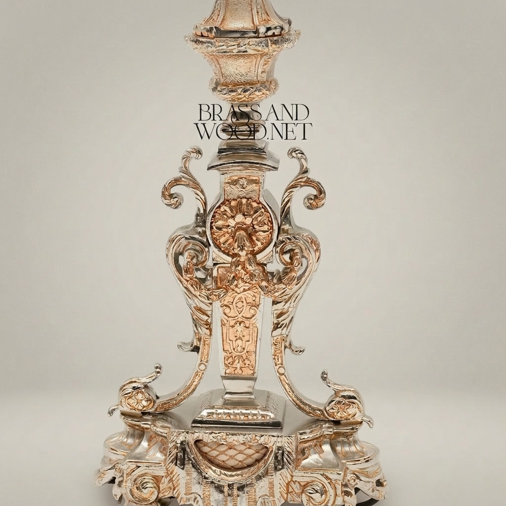 Baroque Brass Table Lamp - Ornate Scrollwork Tripod Base with Empire Shade — Silver