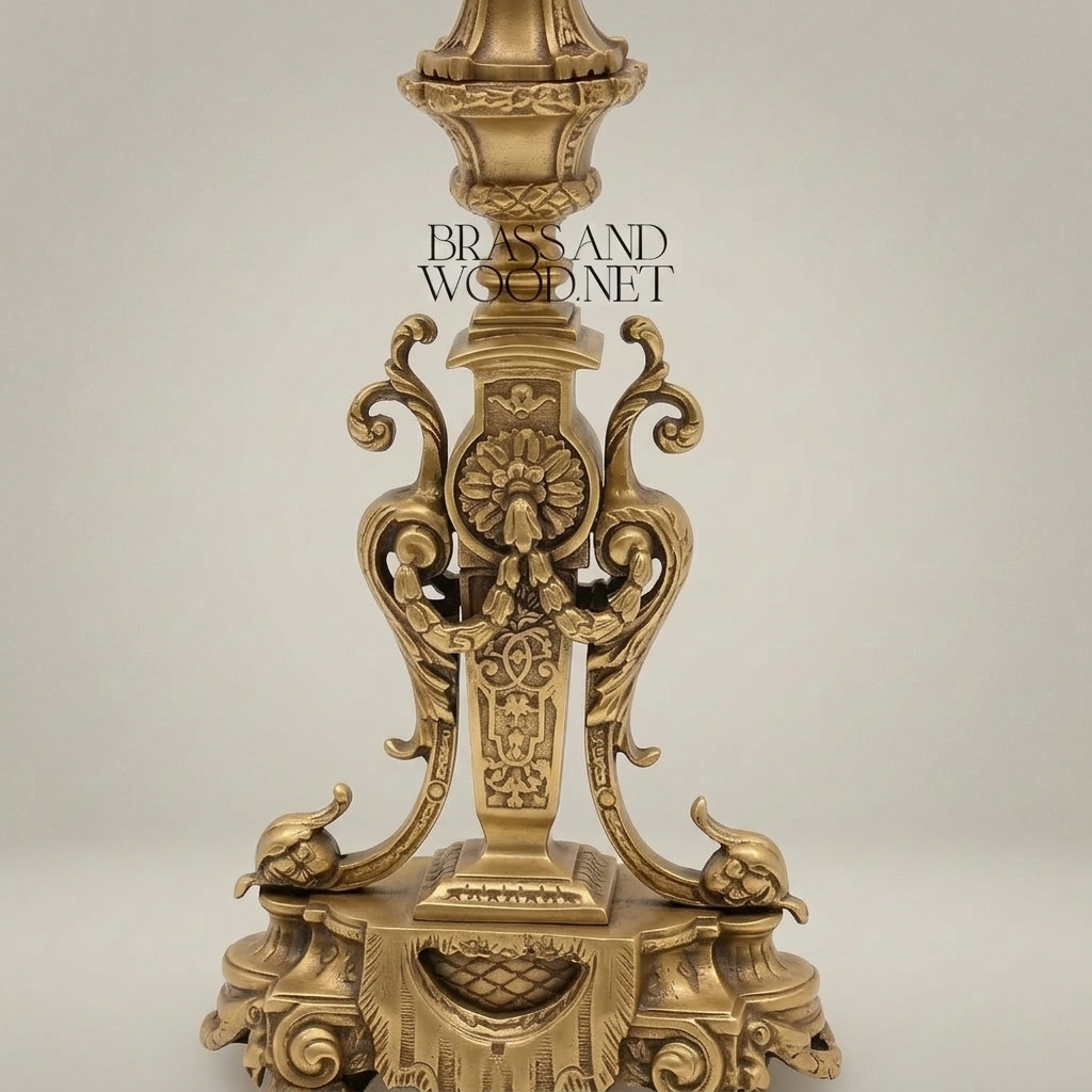 Baroque Brass Table Lamp - Ornate Scrollwork Tripod Base with Empire Shade — Antique Gold