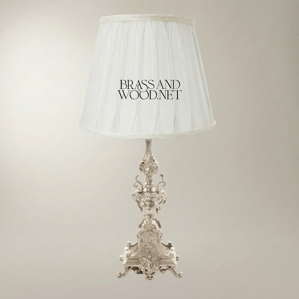 Baroque Brass Table Lamp - Ornate Sculptural Tripod Base with Pleated Shade — Silver