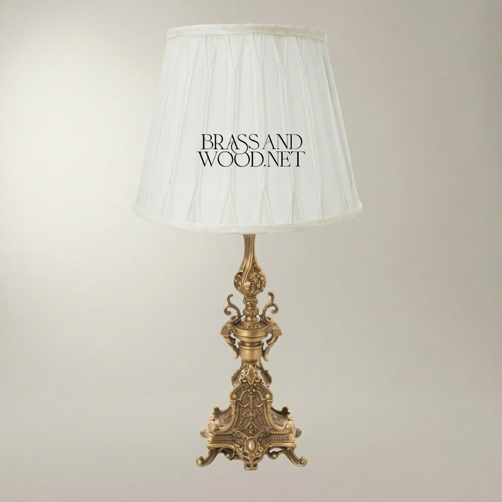 Baroque Brass Table Lamp - Ornate Sculptural Tripod Base with Pleated Shade — Antique Gold