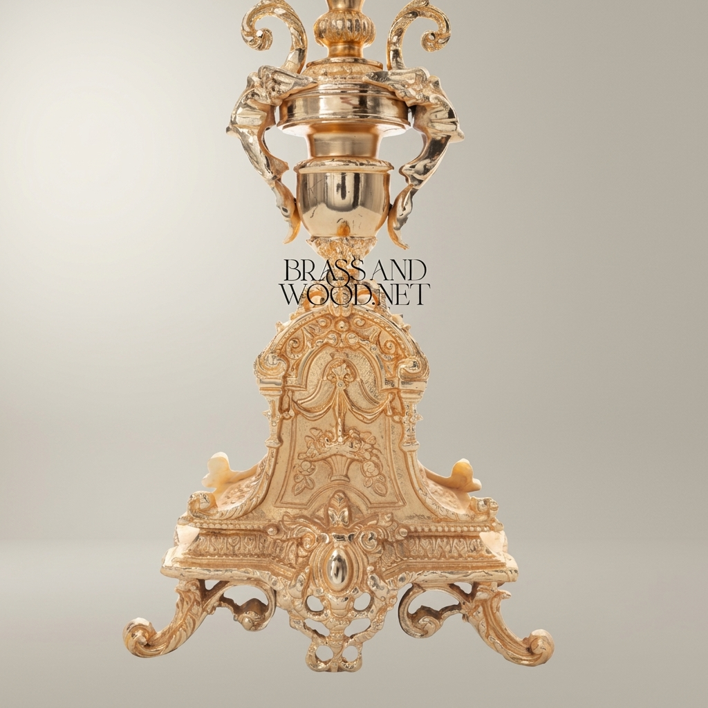 Baroque Brass Table Lamp - Ornate Sculptural Tripod Base with Pleated Shade — Gold