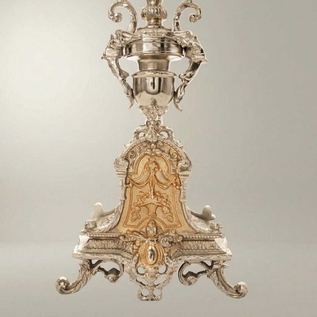Baroque Brass Table Lamp - Ornate Sculptural Tripod Base with Pleated Shade — Silver