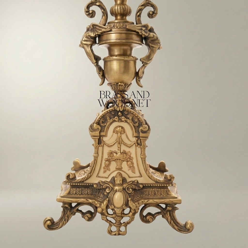 Baroque Brass Table Lamp - Ornate Sculptural Tripod Base with Pleated Shade — Antique Gold