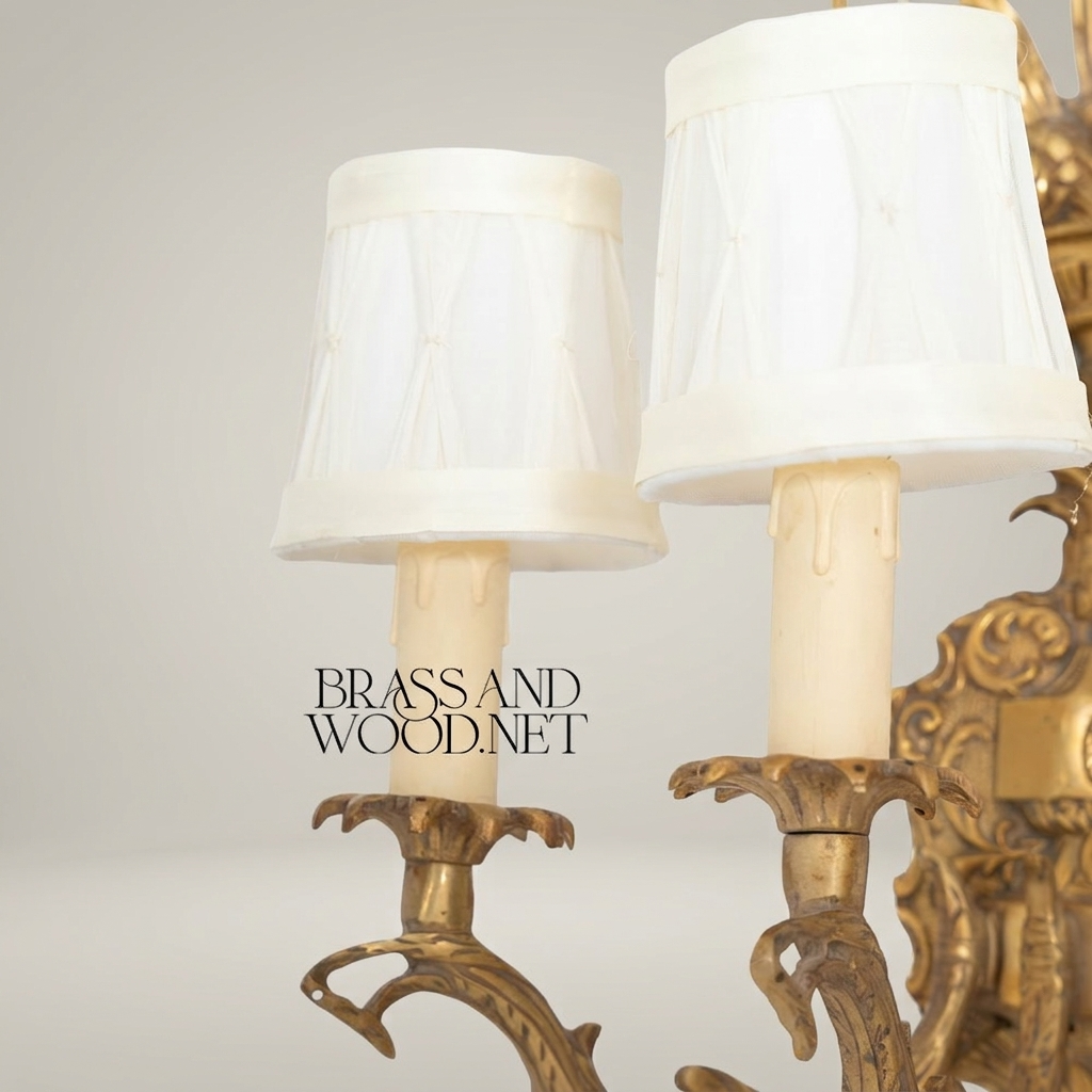 Baroque Brass Wall Sconce 4-Arm with Acanthus Carvings & Ivory Fabric Shades — Antique Gold