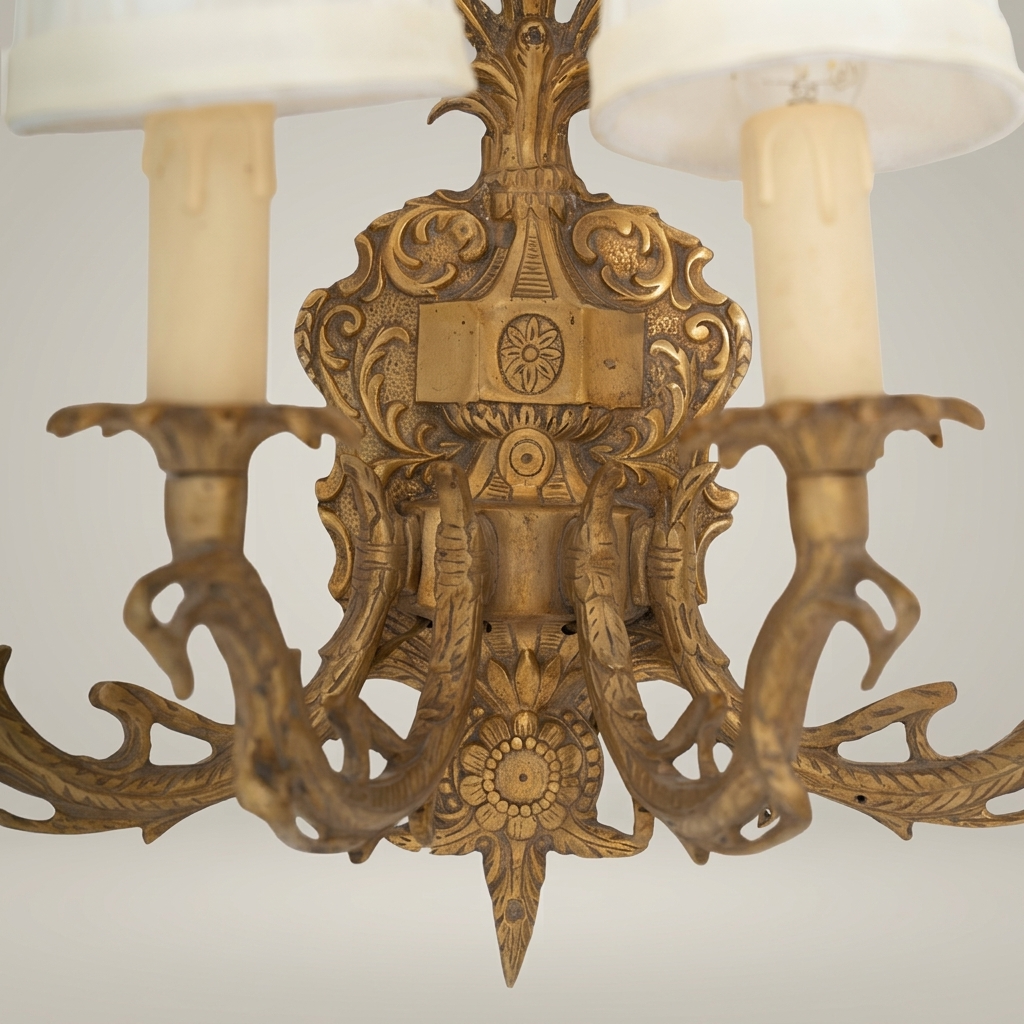 Baroque Brass Wall Sconce 4-Arm with Acanthus Carvings & Ivory Fabric Shades