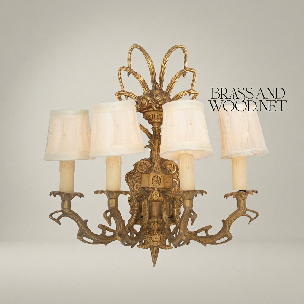 Baroque Brass Wall Sconce 4-Arm with Acanthus Carvings & Ivory Fabric Shades — Antique Gold