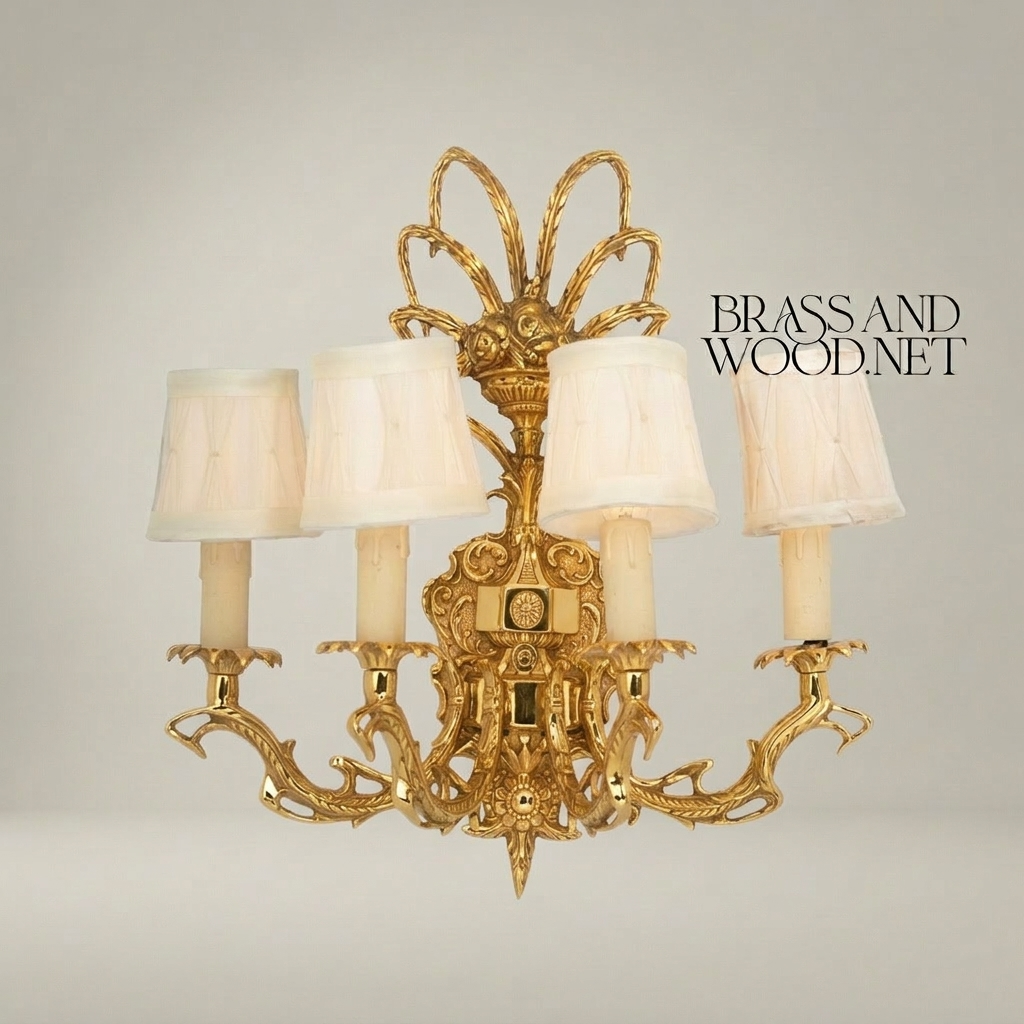 Baroque Brass Wall Sconce 4-Arm with Acanthus Carvings & Ivory Fabric Shades — Gold