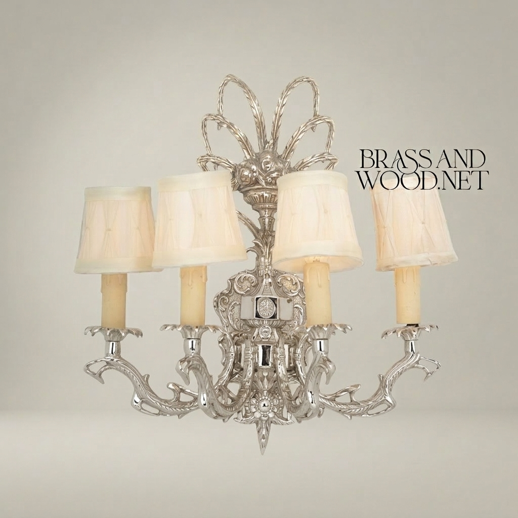 Baroque Brass Wall Sconce 4-Arm with Acanthus Carvings & Ivory Fabric Shades — Silver