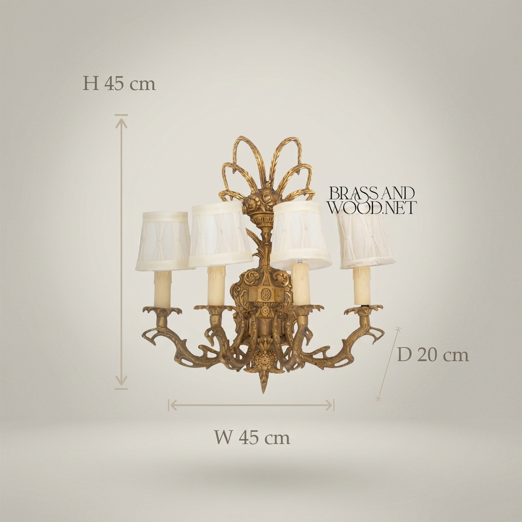 Baroque Brass Wall Sconce 4-Arm with Acanthus Carvings & Ivory Fabric Shades — Antique Gold