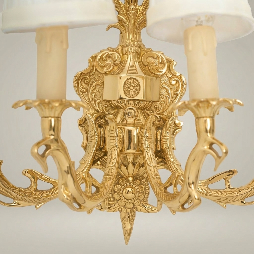 Baroque Brass Wall Sconce 4-Arm with Acanthus Carvings & Ivory Fabric Shades — Gold