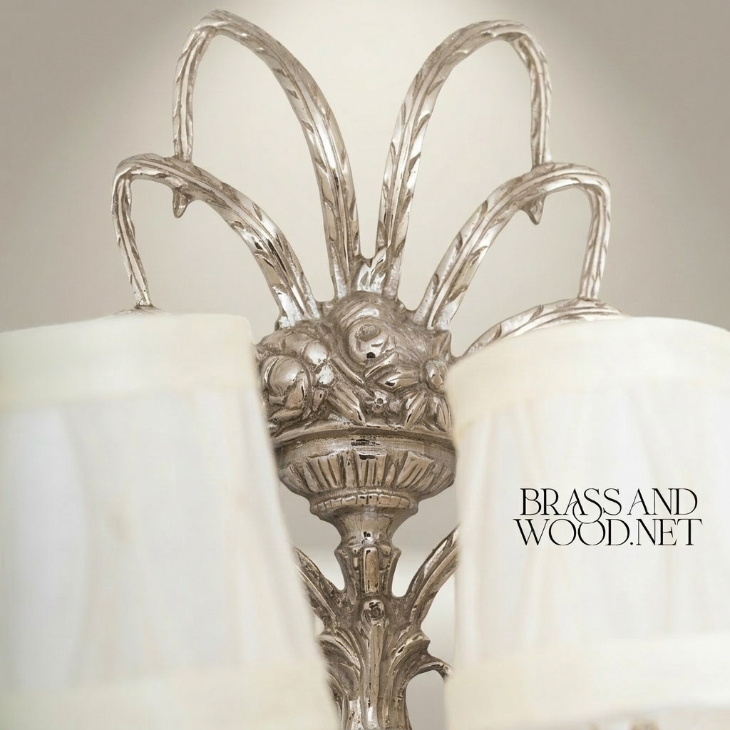 Baroque Brass Wall Sconce 4-Arm with Acanthus Carvings & Ivory Fabric Shades — Silver