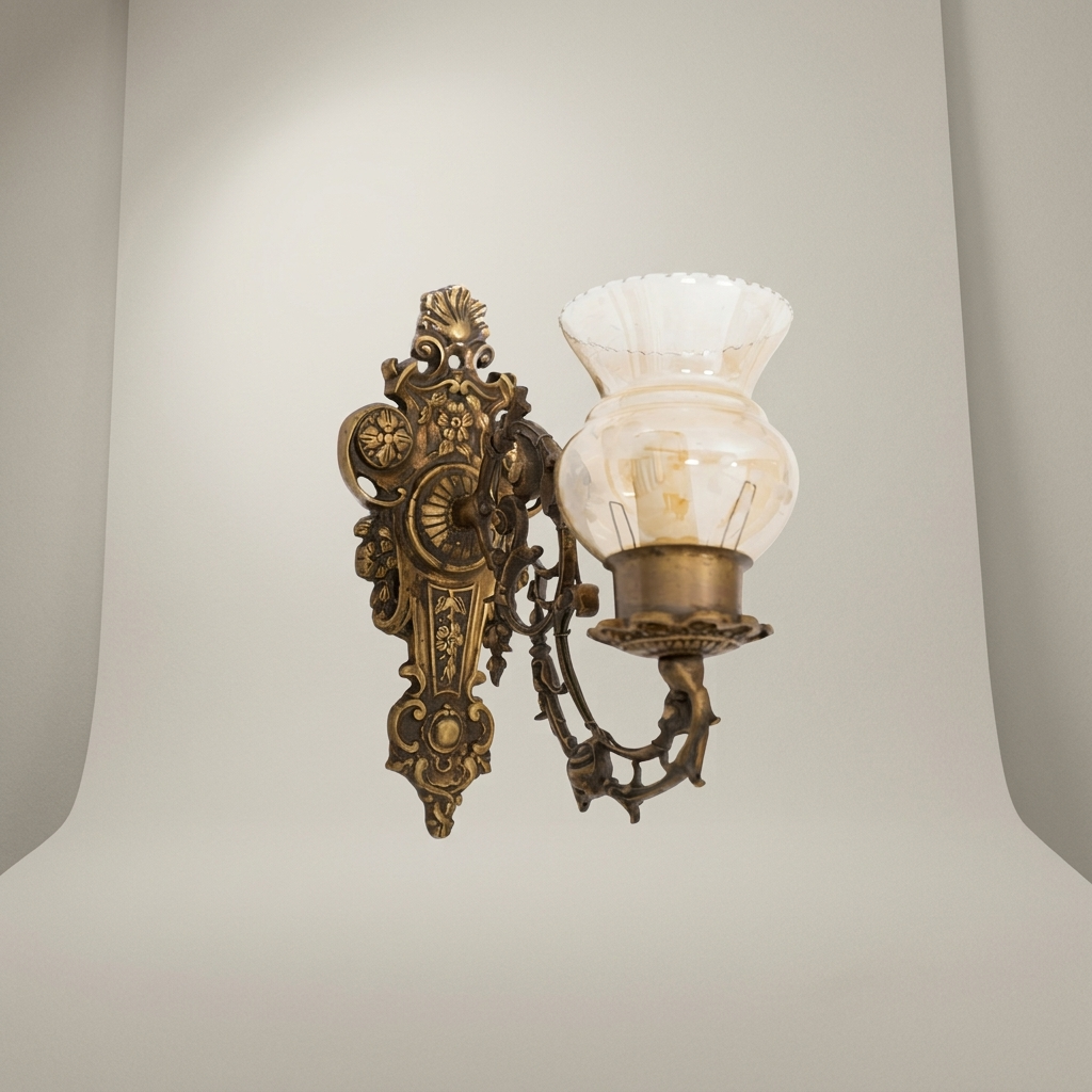 Baroque Brass Wall Sconce with Rocaille Backplate & Fluted Glass Shade — Antique Gold