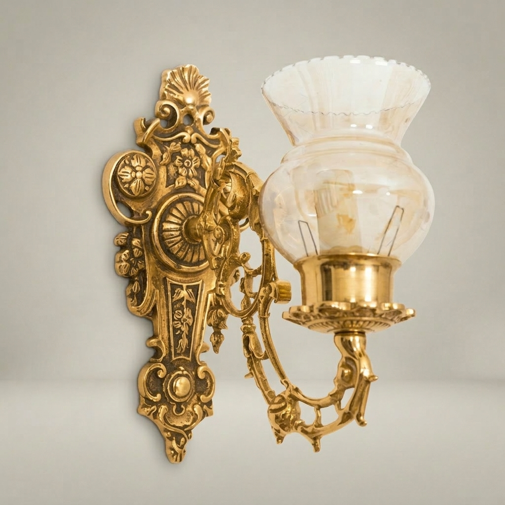 Baroque Brass Wall Sconce with Rocaille Backplate & Fluted Glass Shade — Gold