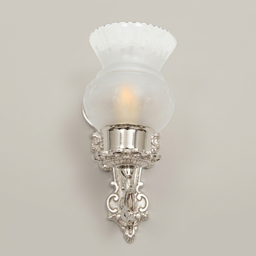 Baroque Brass Wall Sconce with Rocaille Backplate & Fluted Glass Shade — Silver