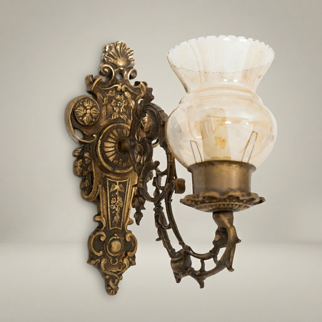 Baroque Brass Wall Sconce with Rocaille Backplate & Fluted Glass Shade — Antique Gold