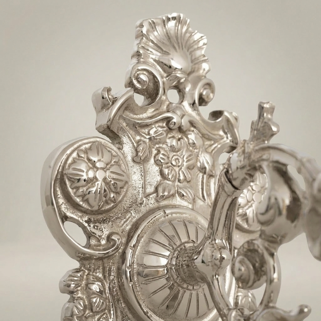 Baroque Brass Wall Sconce with Rocaille Backplate & Fluted Glass Shade — Silver