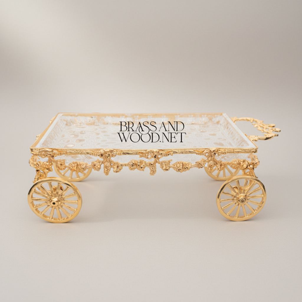 Baroque Brass Wheel Cart Chocolate & Candy Tray - Ornate Floral Frame — Gold