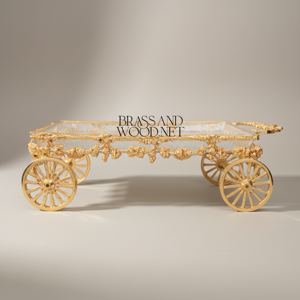 Baroque Brass Wheel Cart Chocolate & Candy Tray - Ornate Floral Frame — Gold