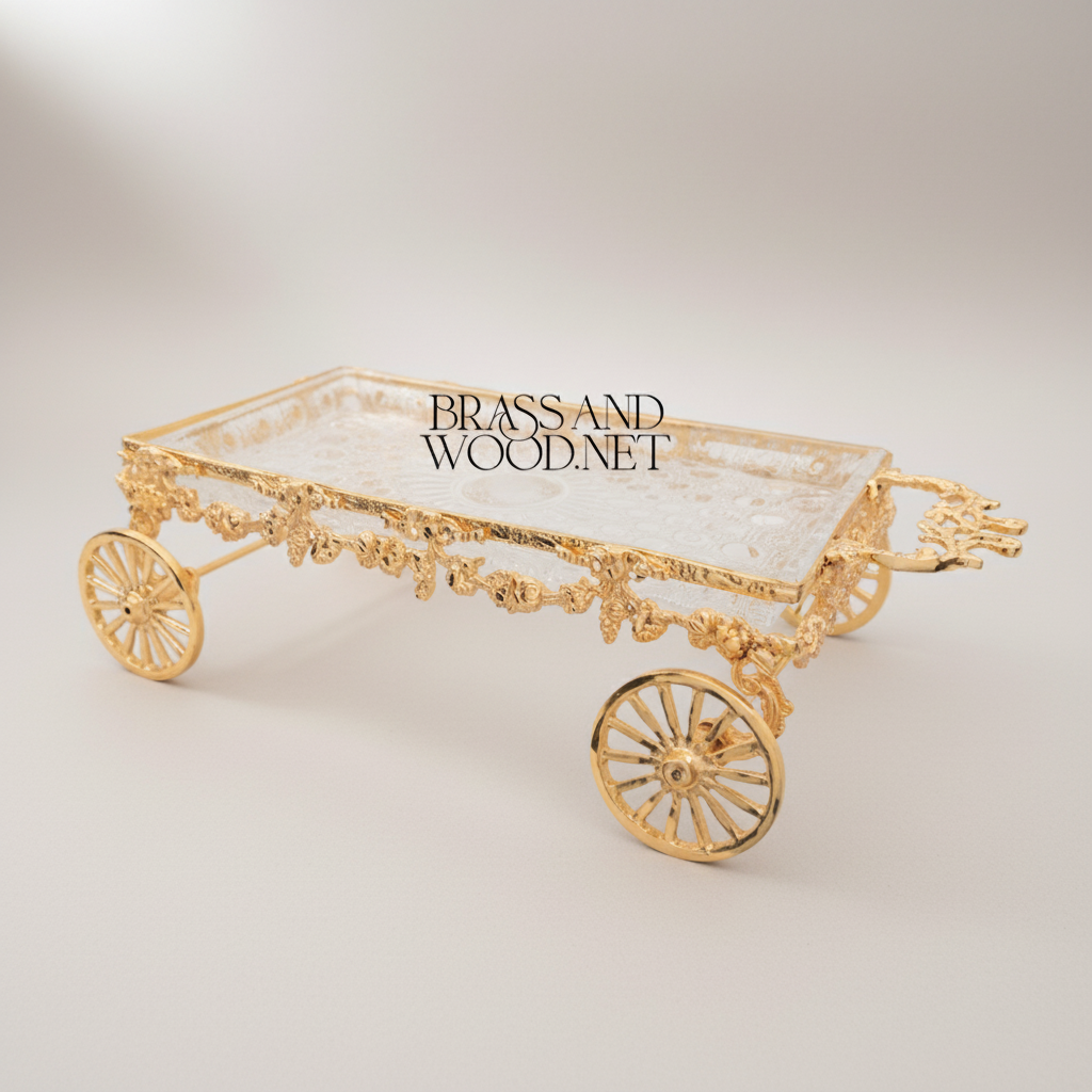 Baroque Brass Wheel Cart Chocolate & Candy Tray - Ornate Floral Frame — Gold