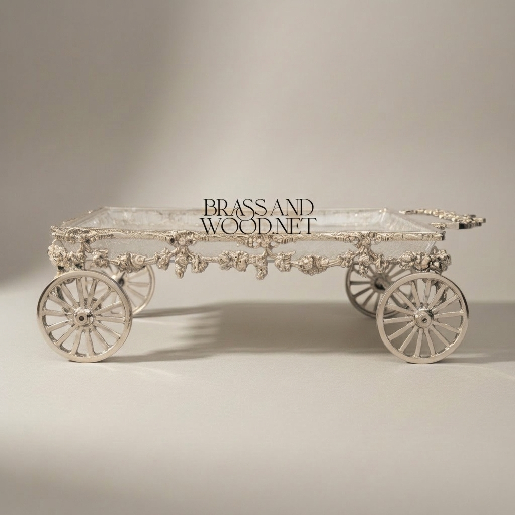 Baroque Brass Wheel Cart Chocolate & Candy Tray - Ornate Floral Frame — Silver