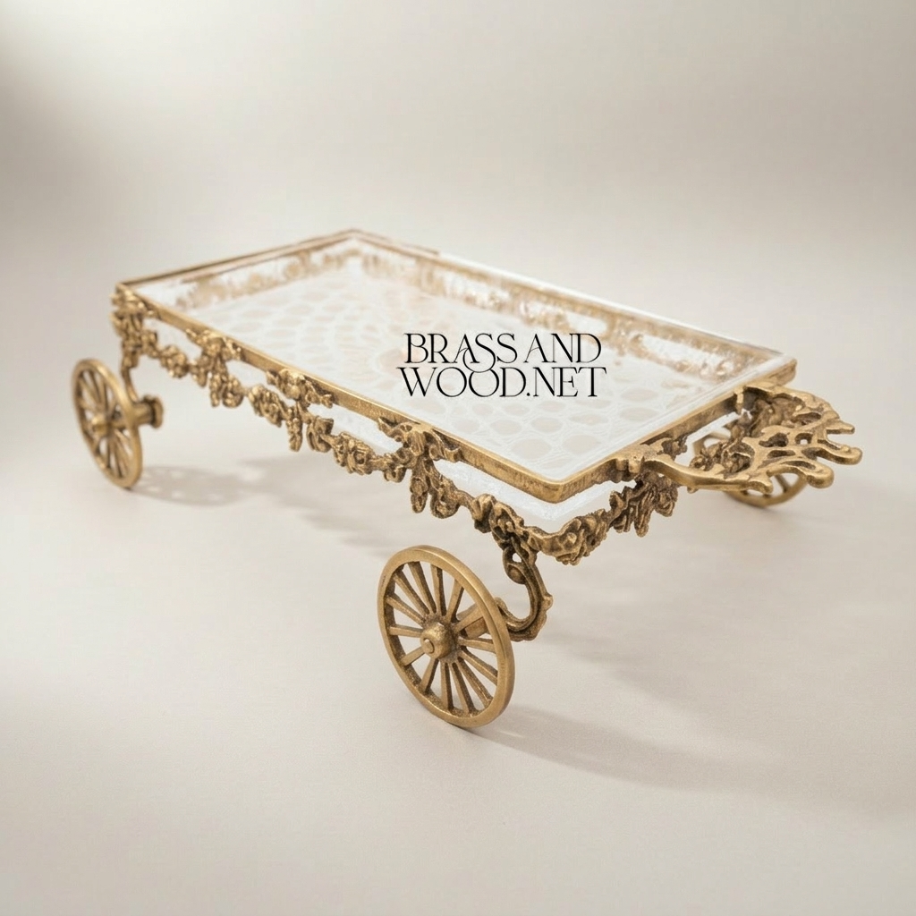Baroque Brass Wheel Cart Chocolate & Candy Tray - Ornate Floral Frame