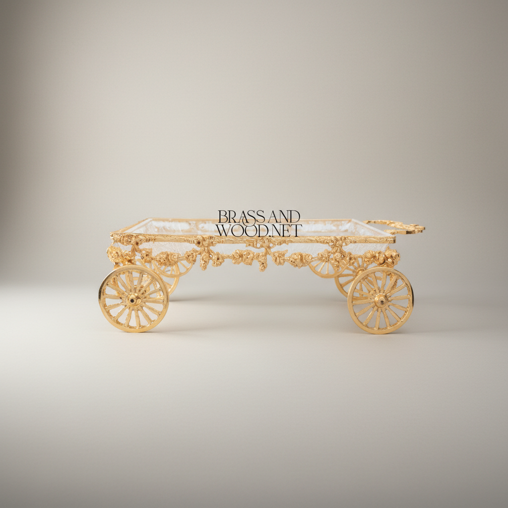 Baroque Brass Wheel Cart Chocolate & Candy Tray - Ornate Floral Frame — Gold