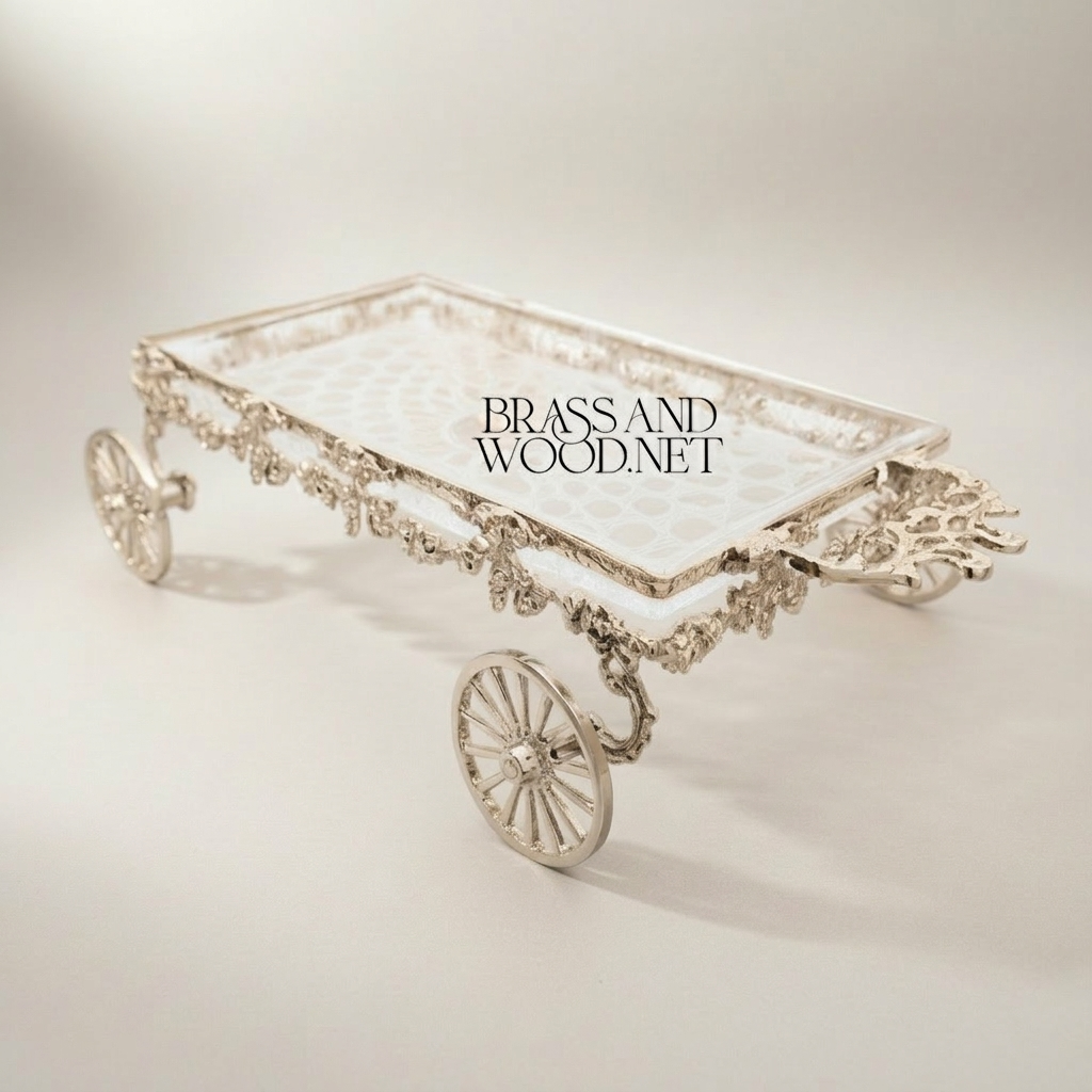 Baroque Brass Wheel Cart Chocolate & Candy Tray - Ornate Floral Frame — Silver
