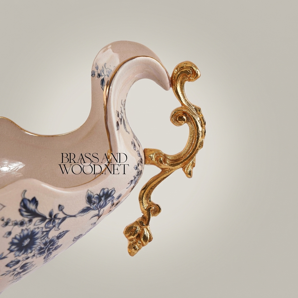 Baroque Ceramic & Brass Centerpiece Bowl - Blue Floral Scalloped Rim with Ornate Stand — Gold