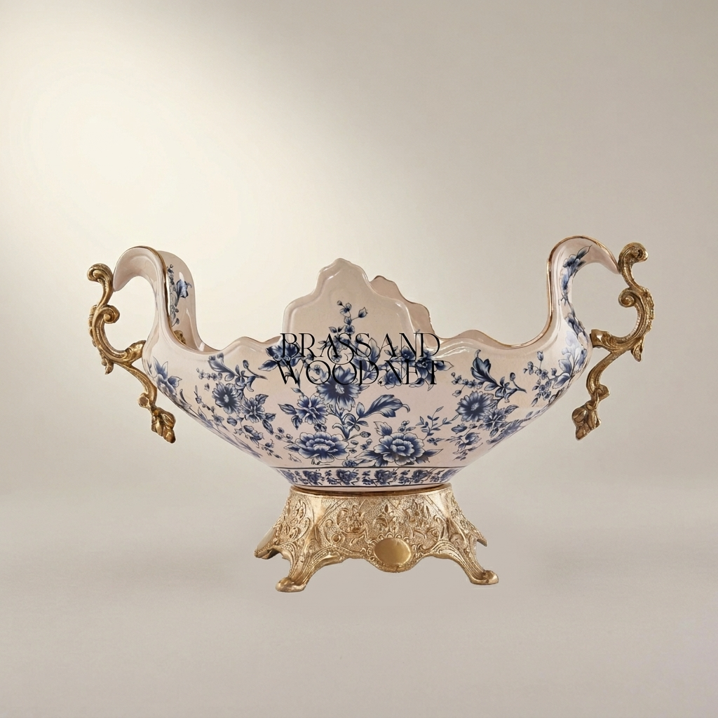 Baroque Ceramic & Brass Centerpiece Bowl - Blue Floral Scalloped Rim with Ornate Stand — Antique Gold