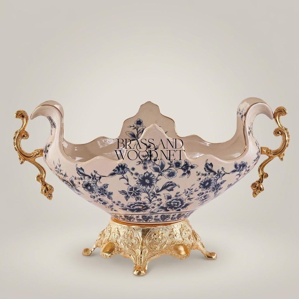 Baroque Ceramic & Brass Centerpiece Bowl - Blue Floral Scalloped Rim with Ornate Stand