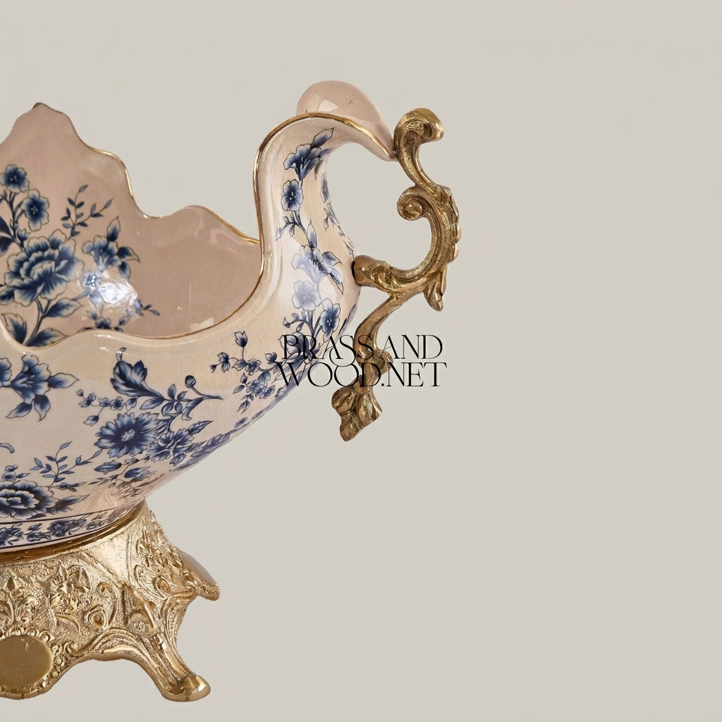 Baroque Ceramic & Brass Centerpiece Bowl - Blue Floral Scalloped Rim with Ornate Stand — Antique Gold